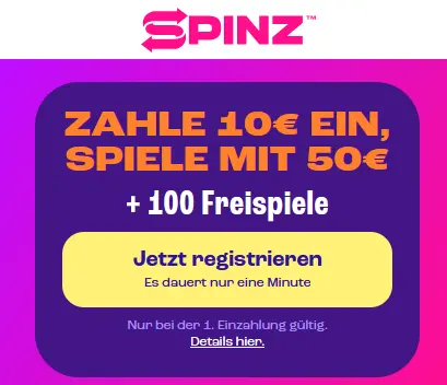 Spinz Casino 400% Balance-Booster bis zu €10 plus 100 Freispiele (10 Freispiele pro Tag für 5 Tage) bei einer Einzahlung von €10. Promo gültig in Deutschland.