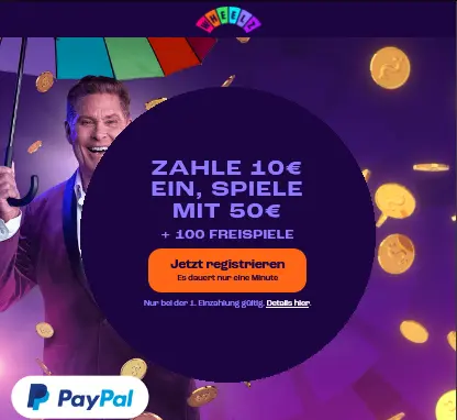 Wheelz Casino 400% Balance-Booster bis zu €10 plus 100 Freispiele (10 Freispiele pro Tag für 5 Tage) bei einer Einzahlung von €10. Promo gültig in Deutschland.